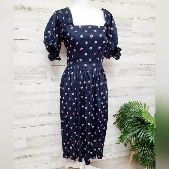 Vintage Mary Blair Navy Blue Floral Print Puff Sleeve Dress - Picture 1 of 5